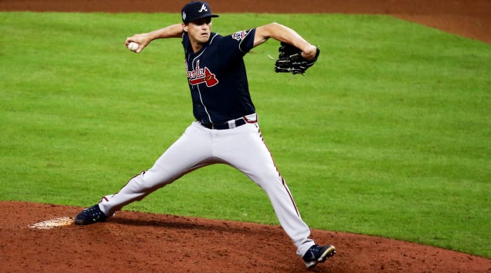 Oct 27, 2021; Houston, TX, USA; Atlanta Braves pitcher Kyle Wright (30) throws a pitch against the Houston Astros during the eighth inning in game two of the 2021 World Series at Minute Maid Park.